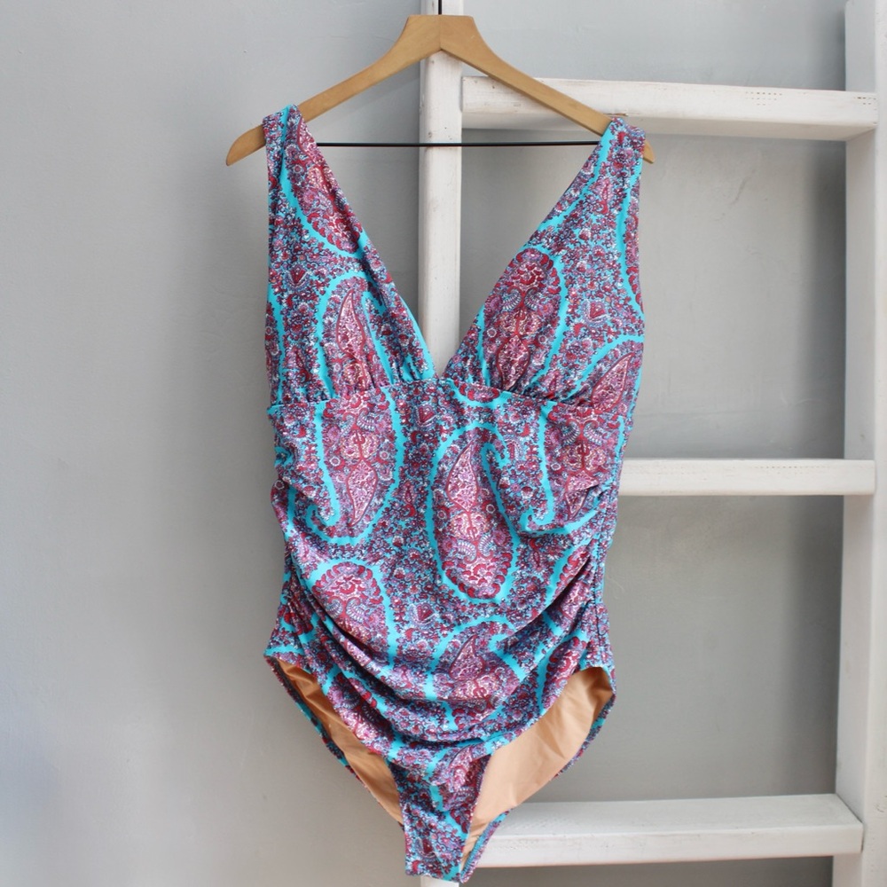 J. Crew Blue Pink Paisley Deep V-Neck Ruched One Piece Swimsuit Size XXL